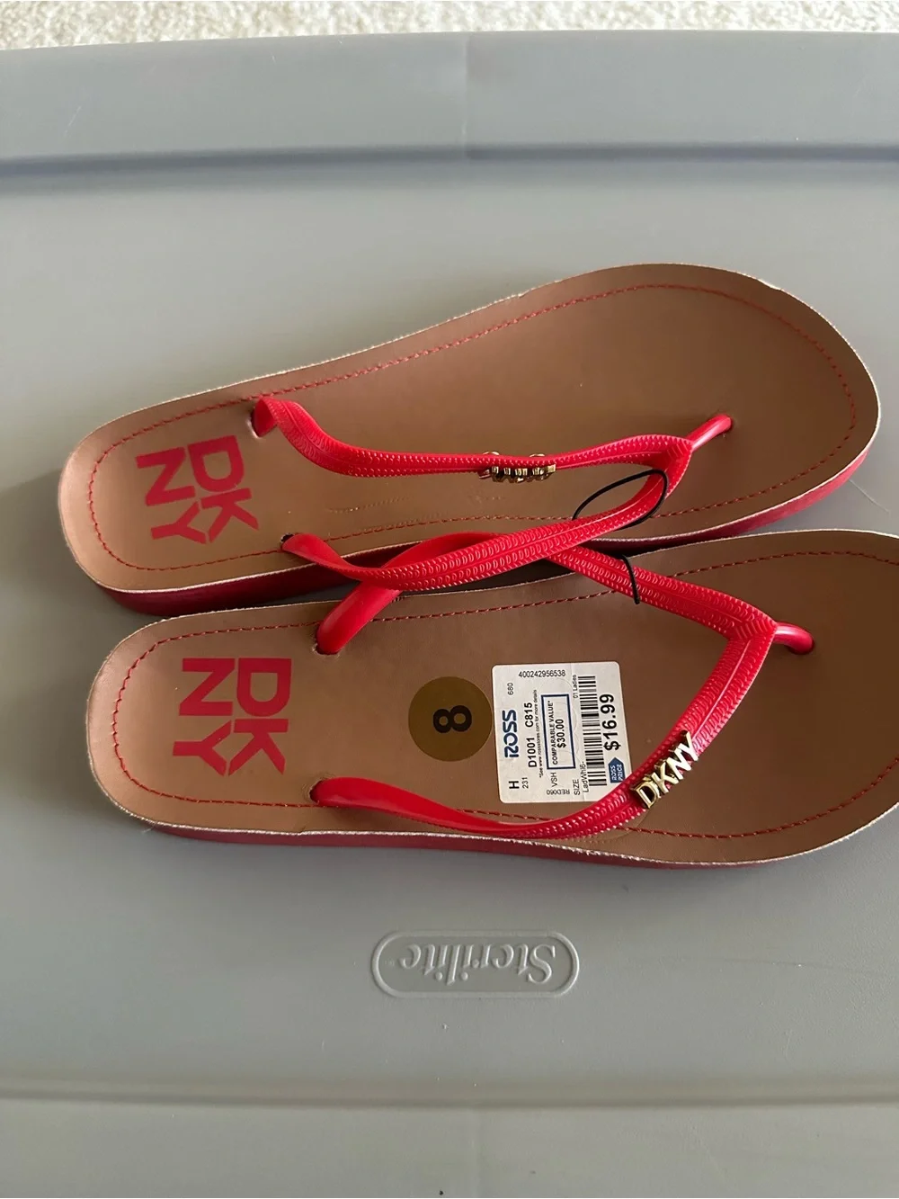 Dkny Red Strap Tan Footbed Flip Flops with Gold Logo Accent